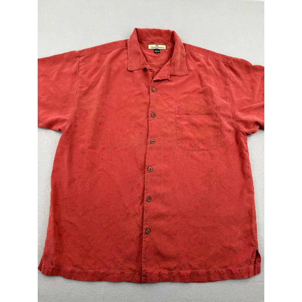 Tommy Bahama 100% Silk Mens Large Red Jacquard Palm Leaf Camp Shirt Button Up